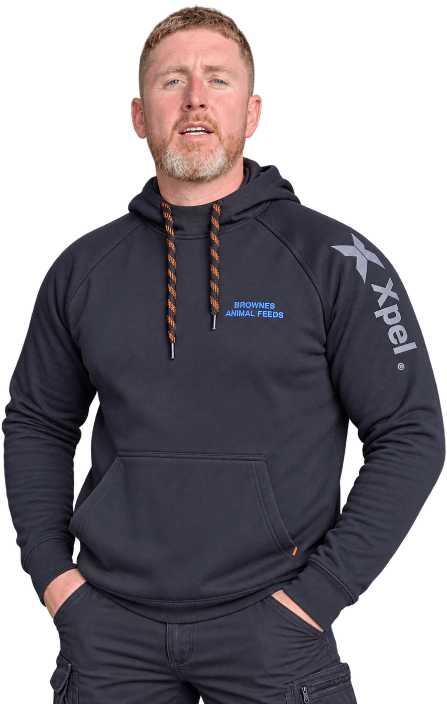 Cathal Browne, who runs Browne's Animal Feeds, in a branded Browne's hoodie